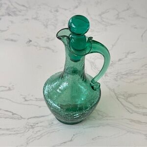 Vintage Hand Blown Crackle Glass Green Cruet Pitcher